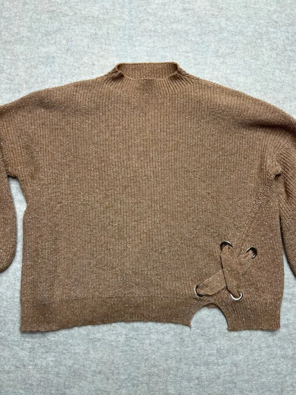 Kerisma Brown Mock Neck Angola Blend Sweater Knit Lace Oversized Soft M/L - Picture 2 of 9